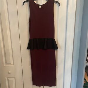 VENUS Wine and Black Peplum Midi Dress